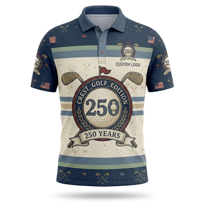 Full flatlay view of commemorative 250th anniversary crest golf polo