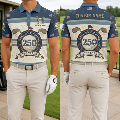 Front and back view of USA 250th anniversary crest golf edition polo