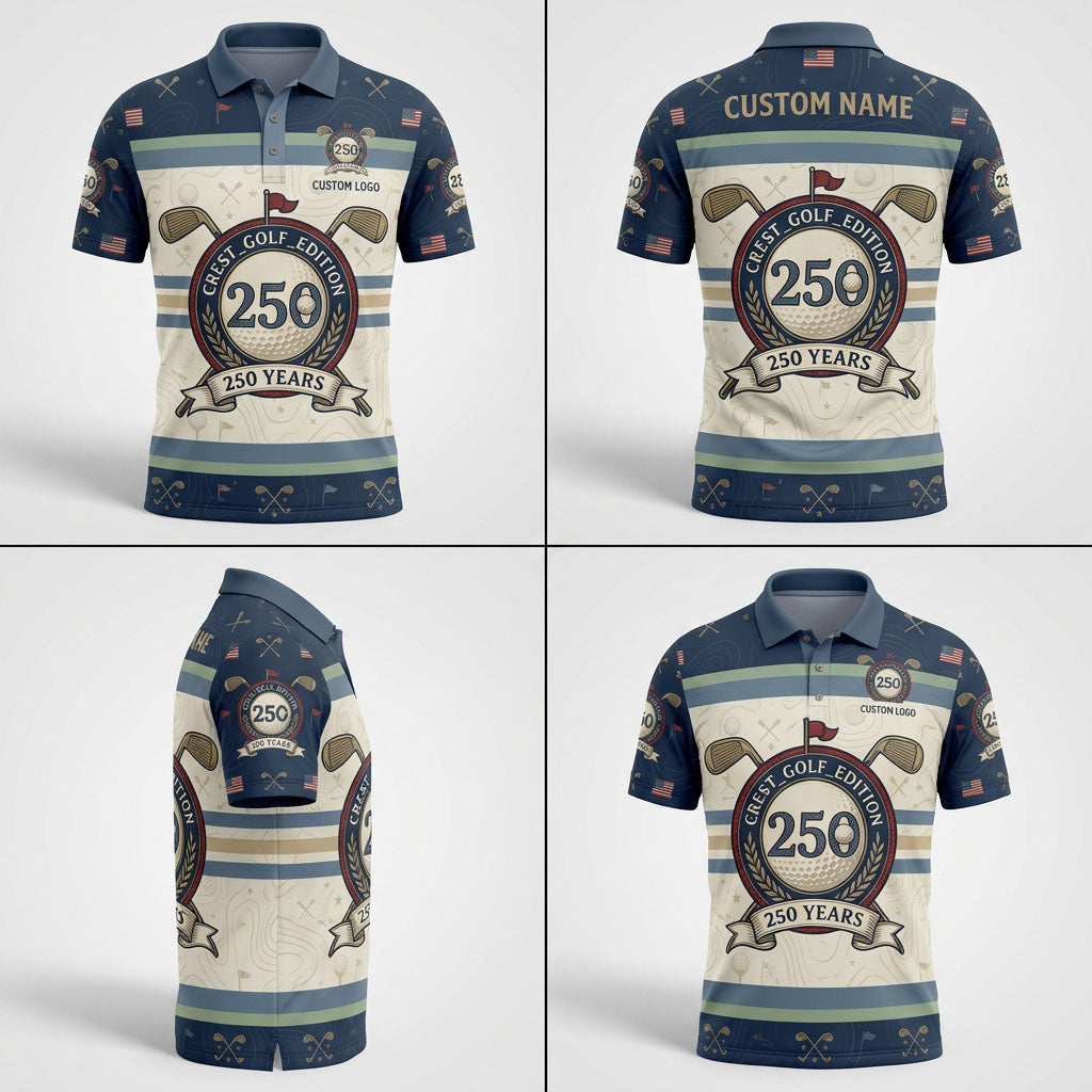 Product grid view of USA 250th anniversary custom crest golf polo