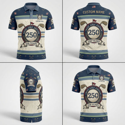Product grid view of USA 250th anniversary custom crest golf polo