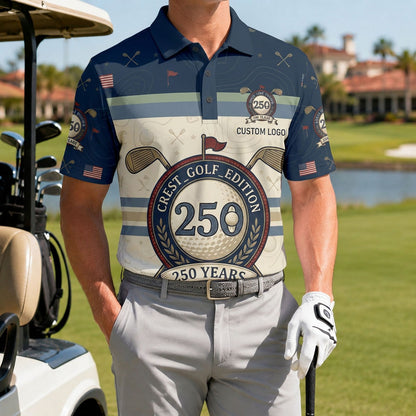 Male golfer on course wearing 250th anniversary crest golf polo
