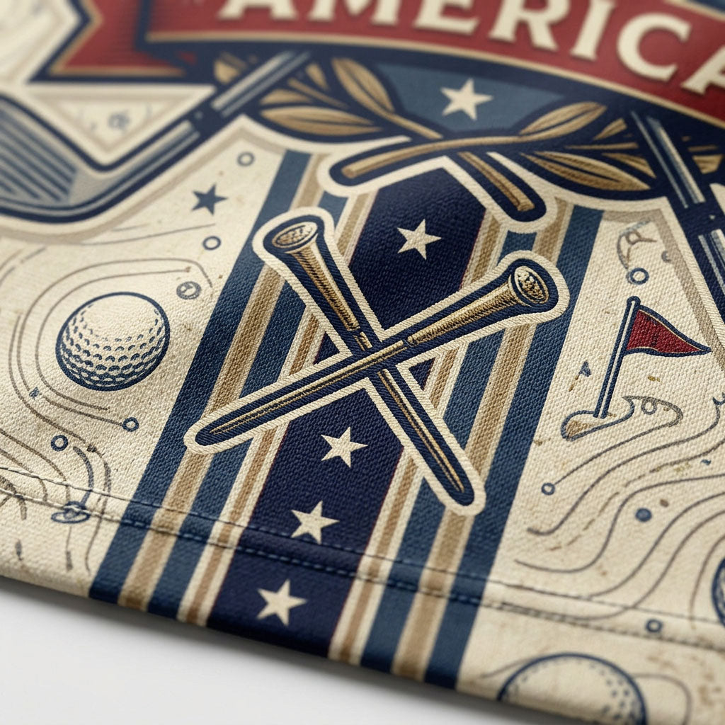 Close-up of 250th anniversary crest emblem on golf polo