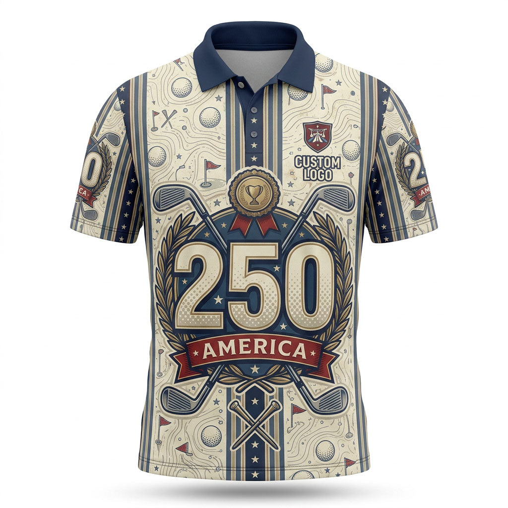 Flatlay view of USA 250th anniversary classic crest golf polo