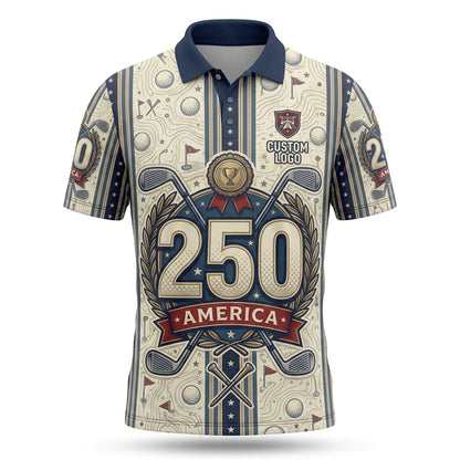 Flatlay view of USA 250th anniversary classic crest golf polo