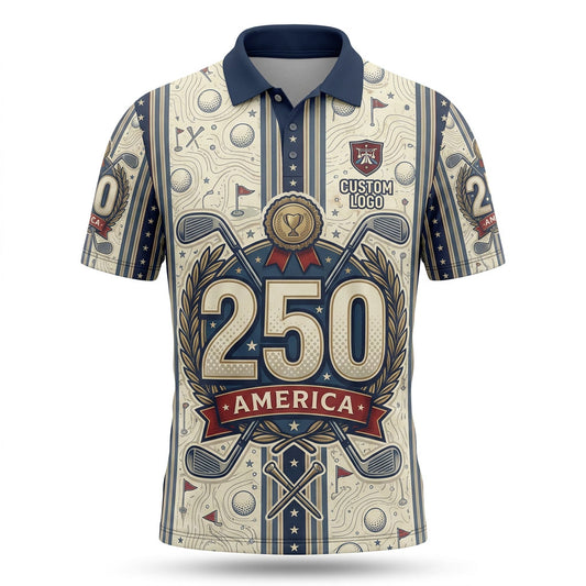 Flatlay view of USA 250th anniversary classic crest golf polo