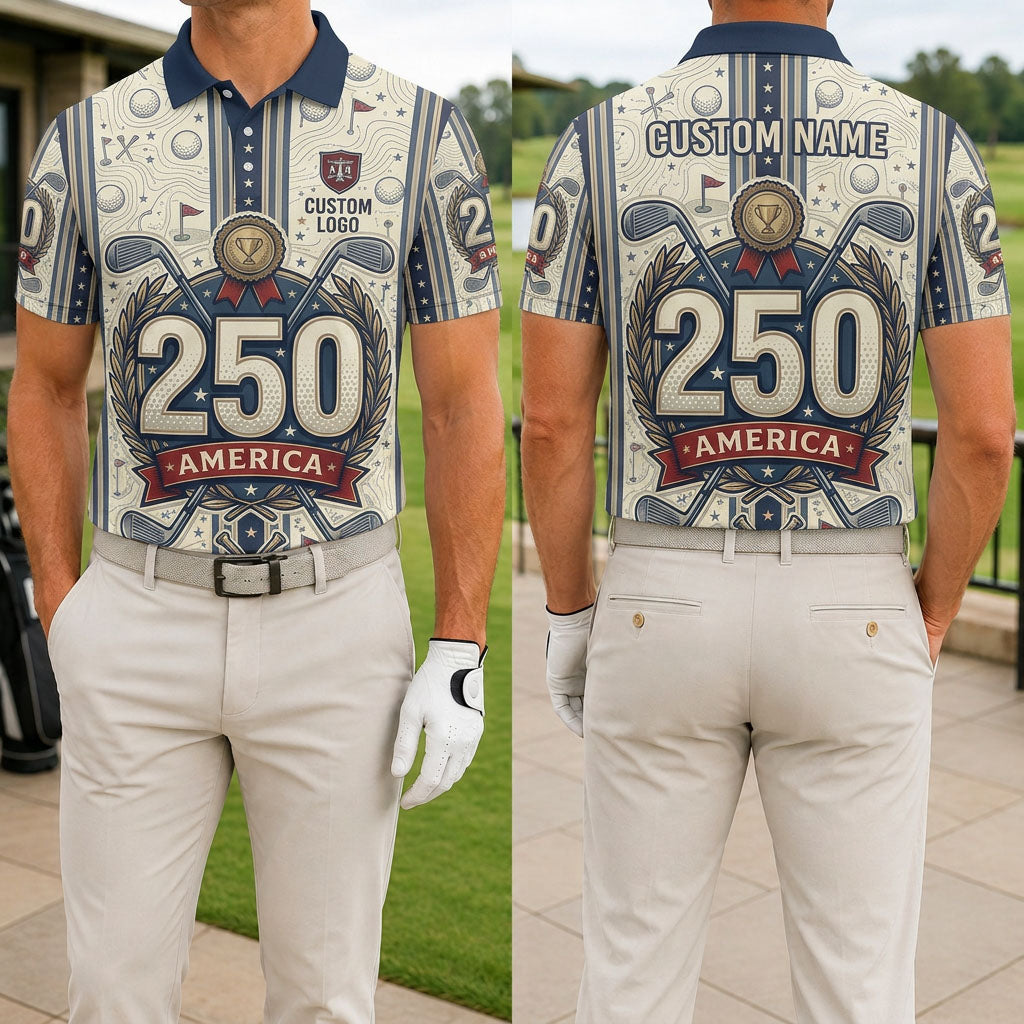 Front and back view of USA 250th anniversary classic crest golf polo