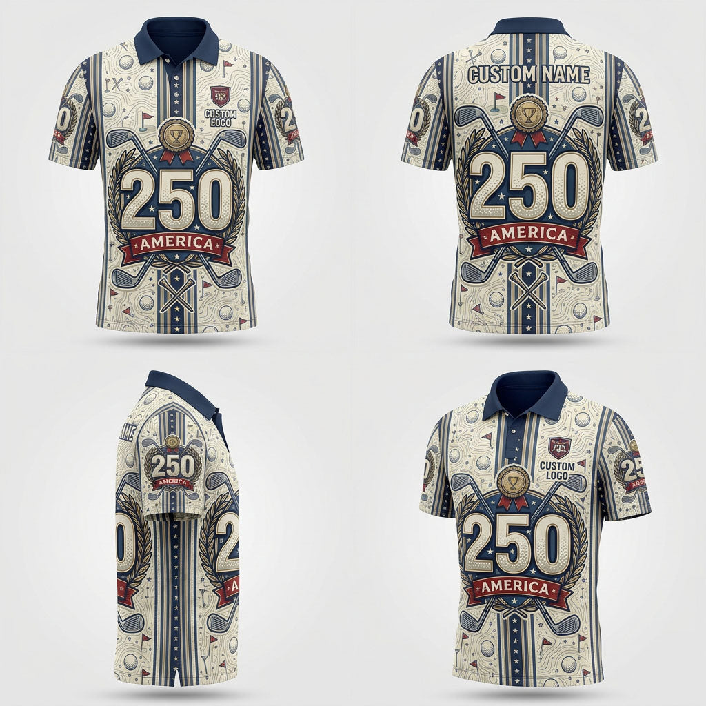 Product grid view of 250th anniversary custom crest golf polo