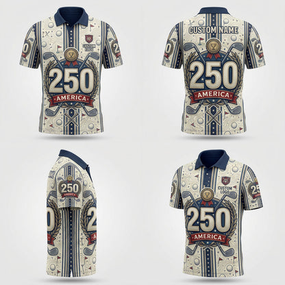 Product grid view of 250th anniversary custom crest golf polo