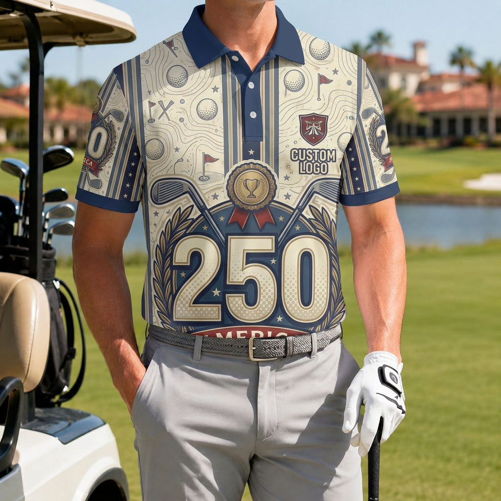 Male golfer on course wearing 250th anniversary classic crest golf polo