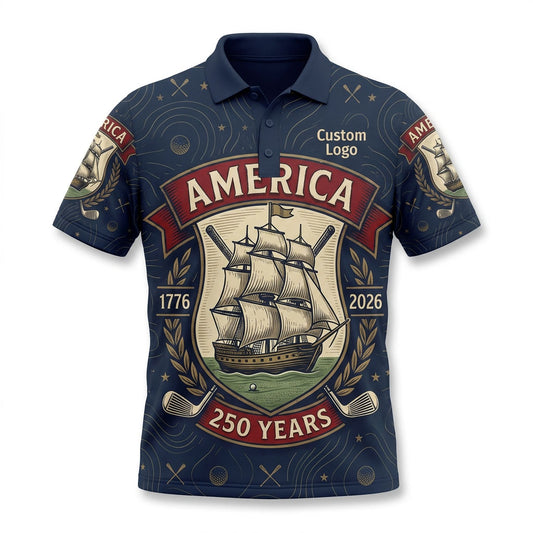 Flatlay view of commemorative freedom legacy golf polo