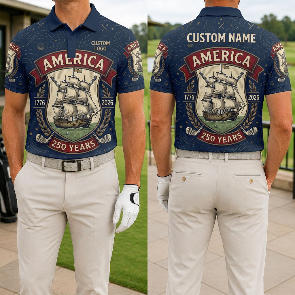 Front and back view of USA 250th anniversary freedom legacy golf polo