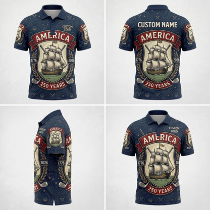 Product grid view of USA 250th anniversary custom polo