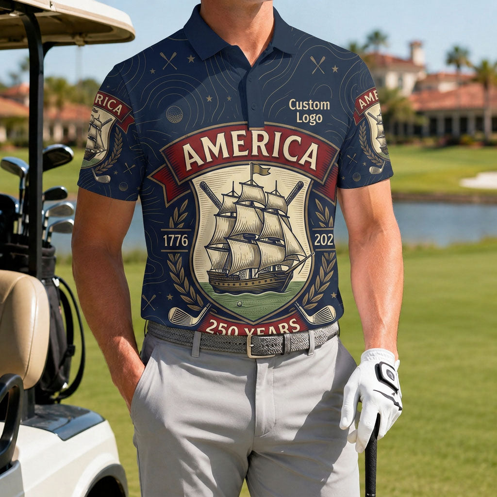 Male golfer on course wearing freedom legacy anniversary polo