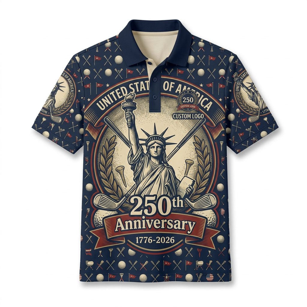 Full view of USA 250th anniversary Statue of Liberty golf polo flatlay