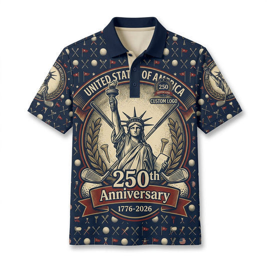 Full view of USA 250th anniversary Statue of Liberty golf polo flatlay