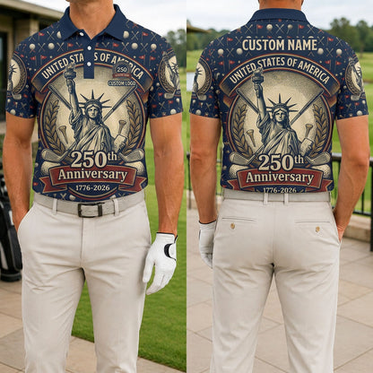 Front and back view of USA 250th anniversary Statue of Liberty golf polo