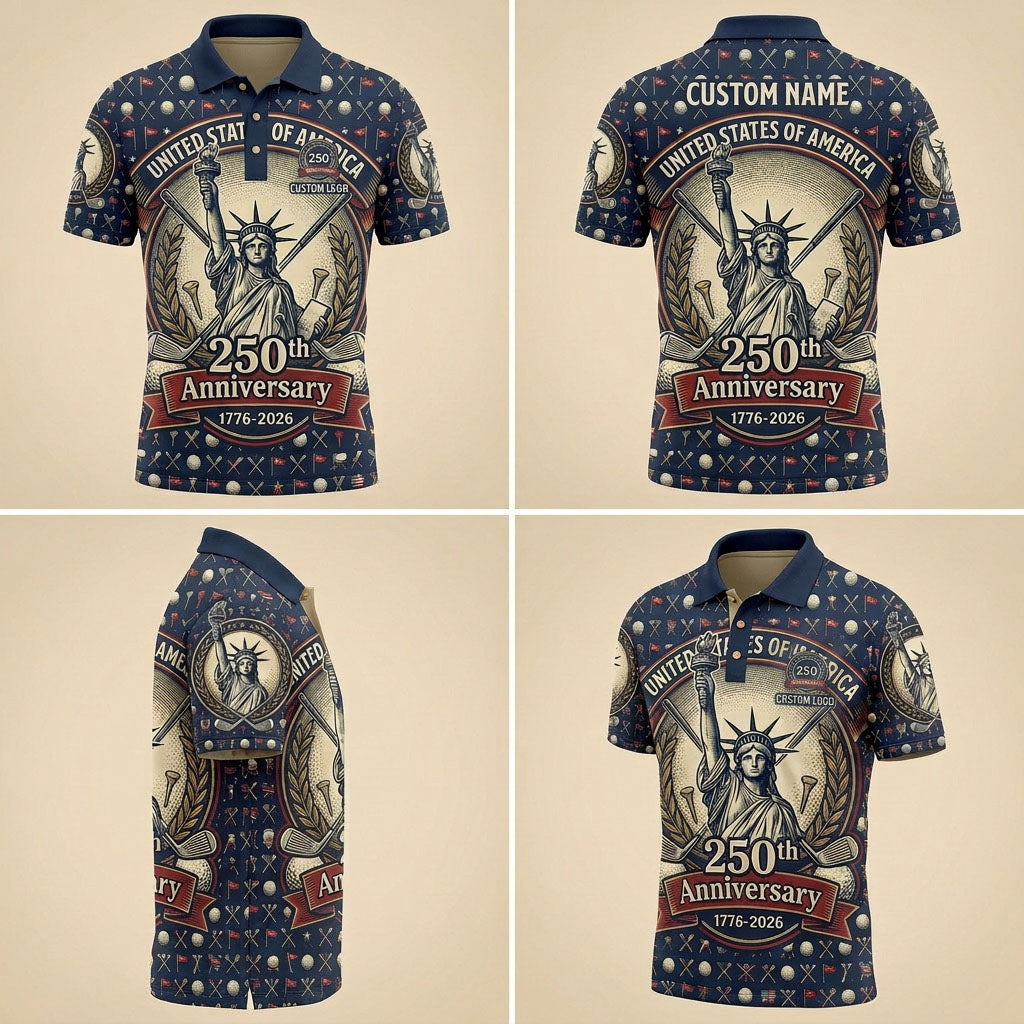 Product grid view of Statue of Liberty 250th anniversary custom polo