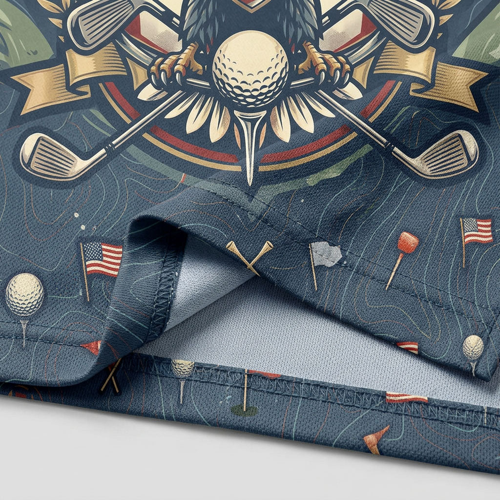 Close-up of 250th America golf edition eagle emblem and patriotic patterns