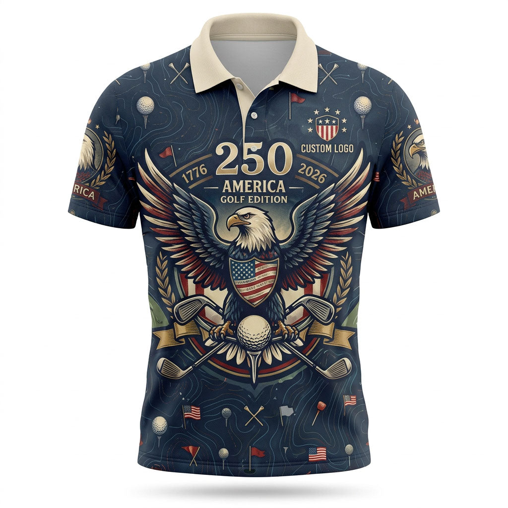 Flatlay view of patriotic 250th anniversary American eagle golf polo