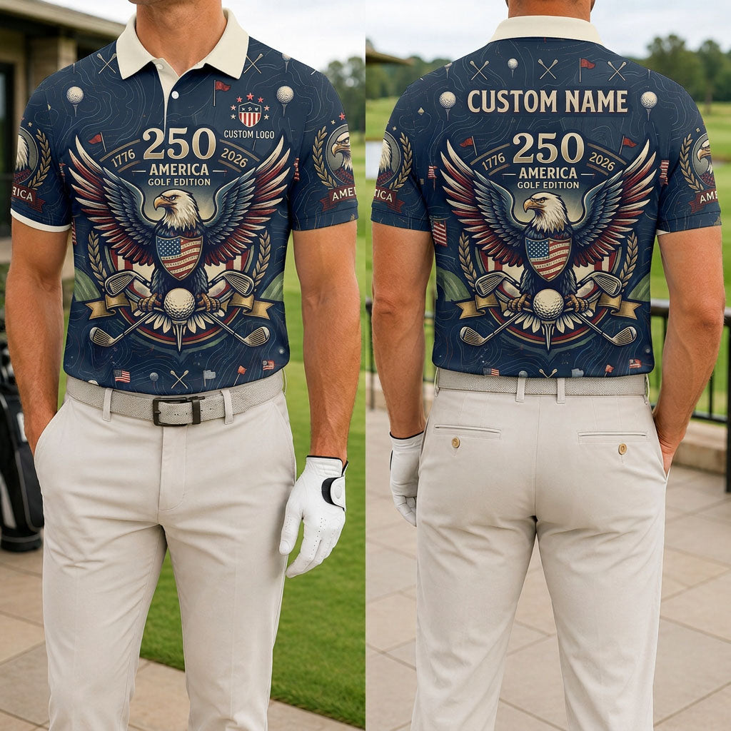 Front and back view of USA 250th anniversary majestic eagle golf polo