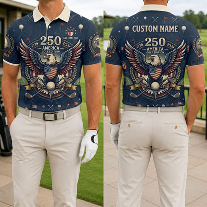 Front and back view of USA 250th anniversary majestic eagle golf polo