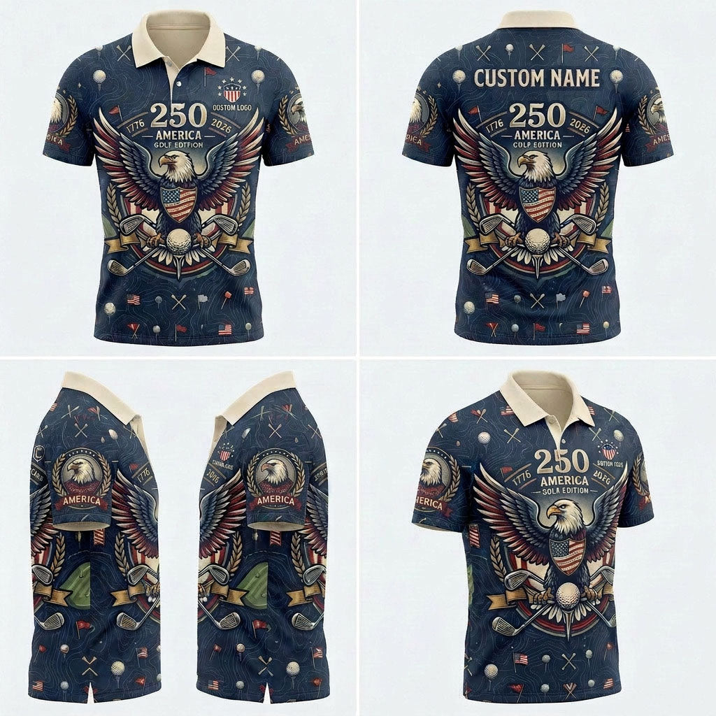 Product grid view of USA 250th anniversary majestic eagle custom polo