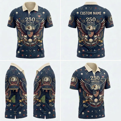 Product grid view of USA 250th anniversary majestic eagle custom polo