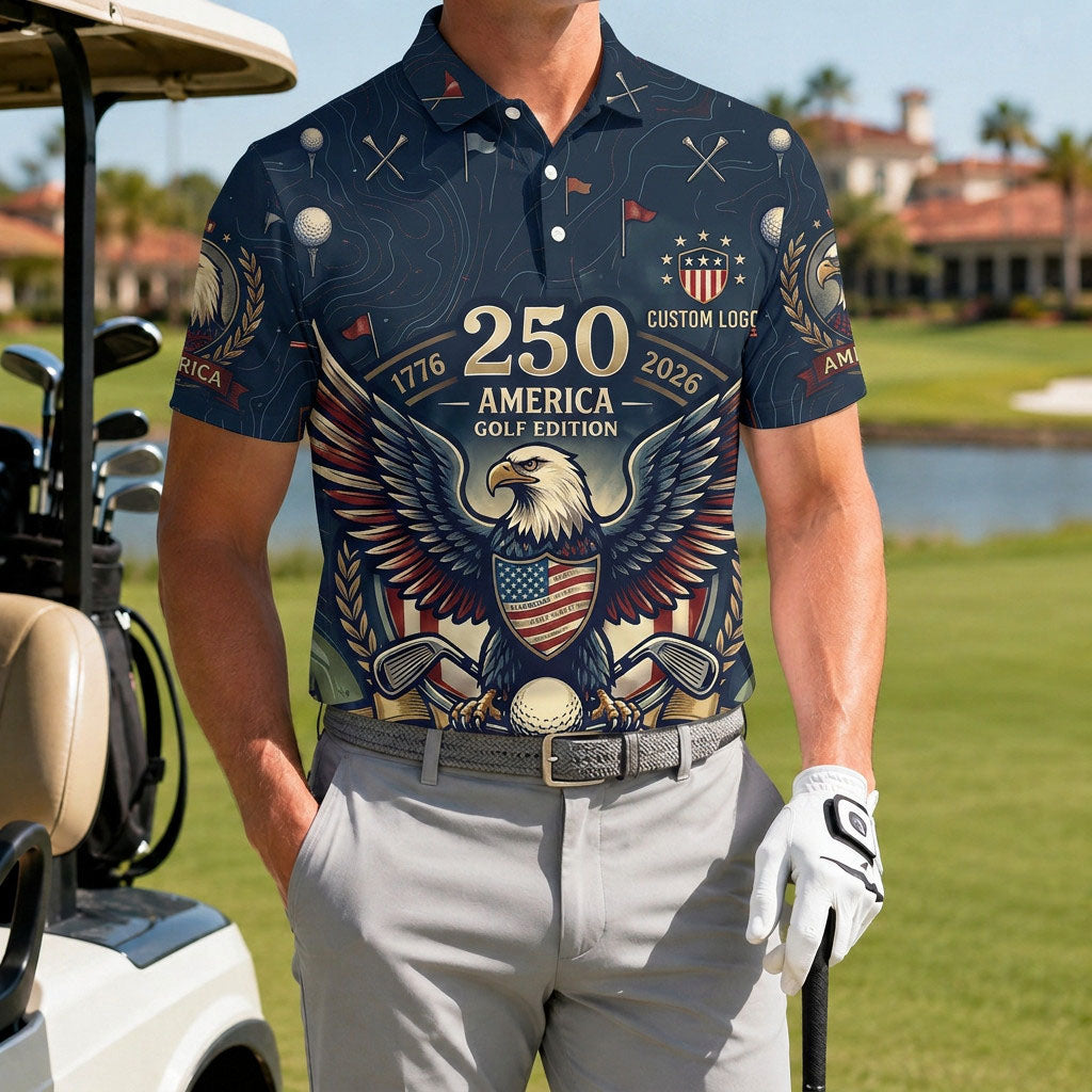 Male golfer on course wearing 250th anniversary American eagle polo
