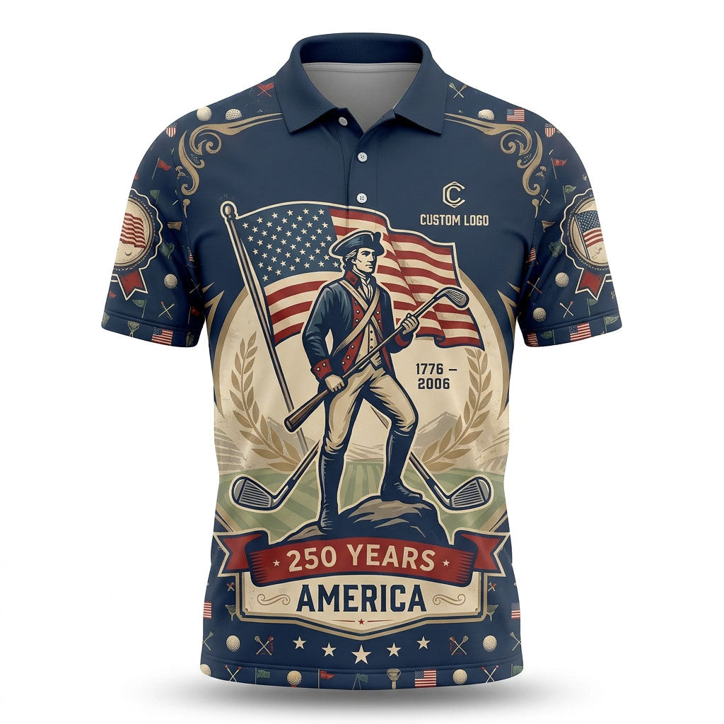 Flatlay view of patriotic revolutionary 250th anniversary golf polo
