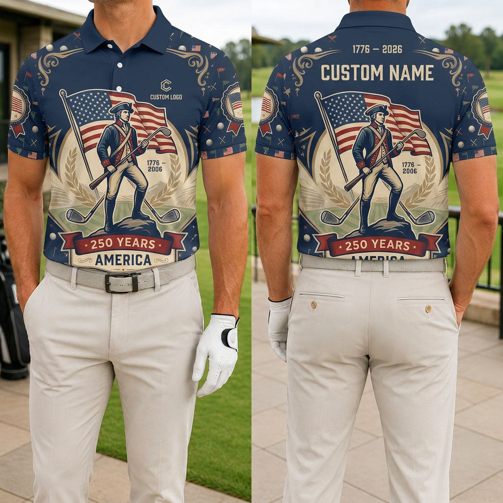 Front and back view of USA 250th anniversary revolutionary patriot golf polo