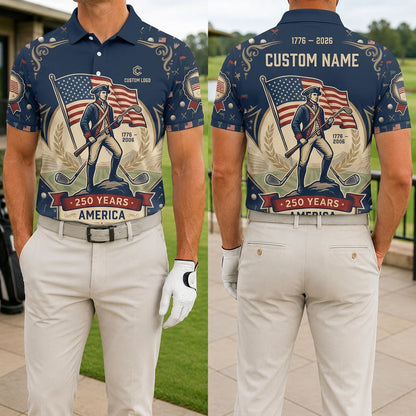 Front and back view of USA 250th anniversary revolutionary patriot golf polo