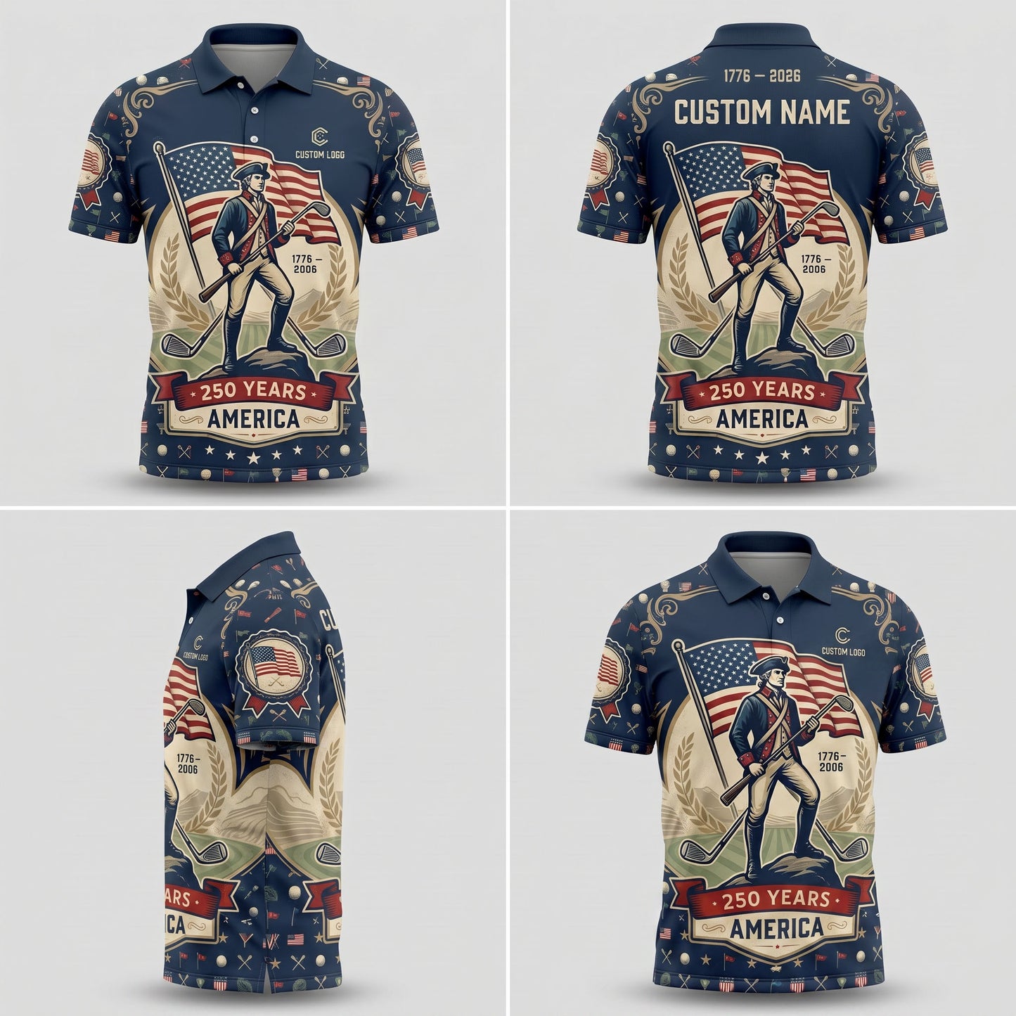 Product grid view of 250th anniversary patriot golf polo