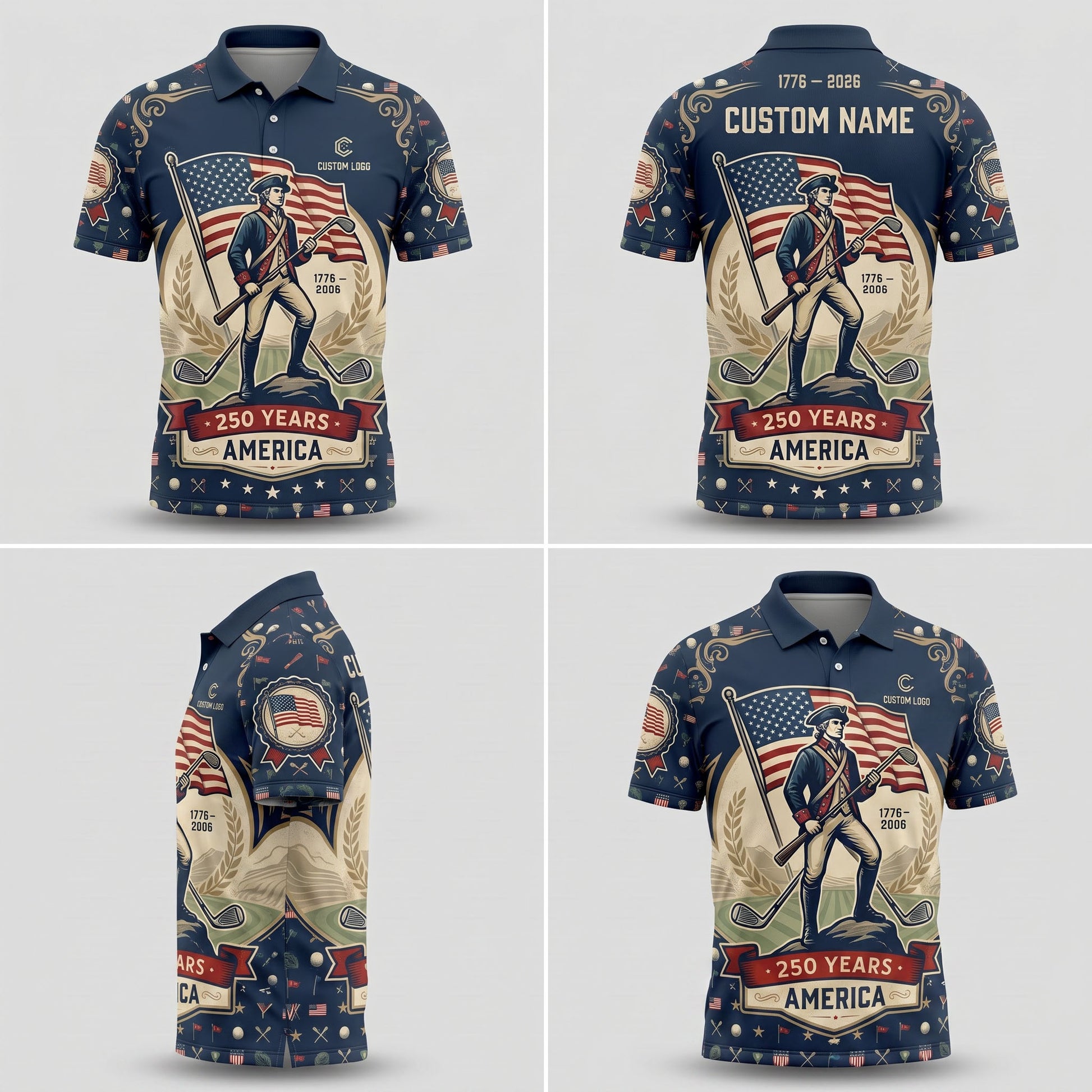 Product grid view of 250th anniversary patriot golf polo