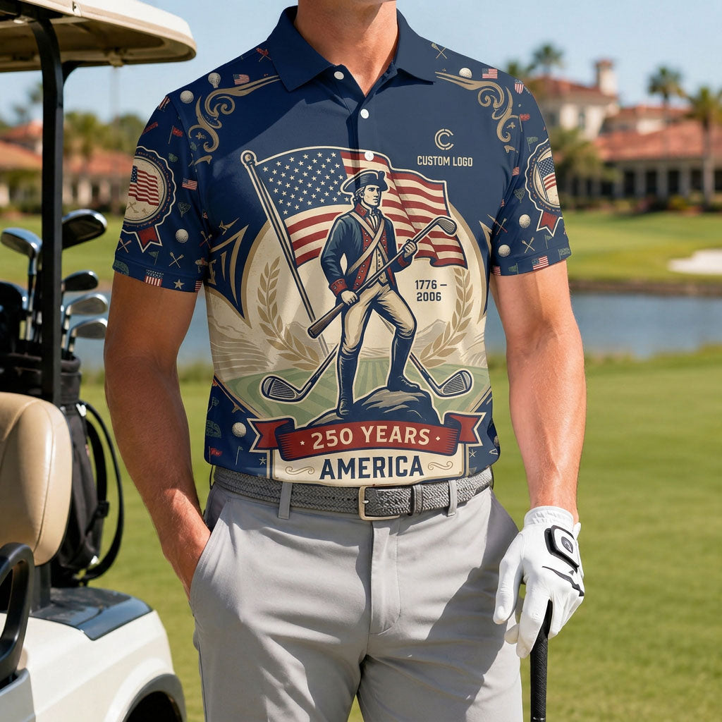 Male golfer on course wearing revolutionary patriot golf polo