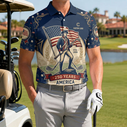 Male golfer on course wearing revolutionary patriot golf polo