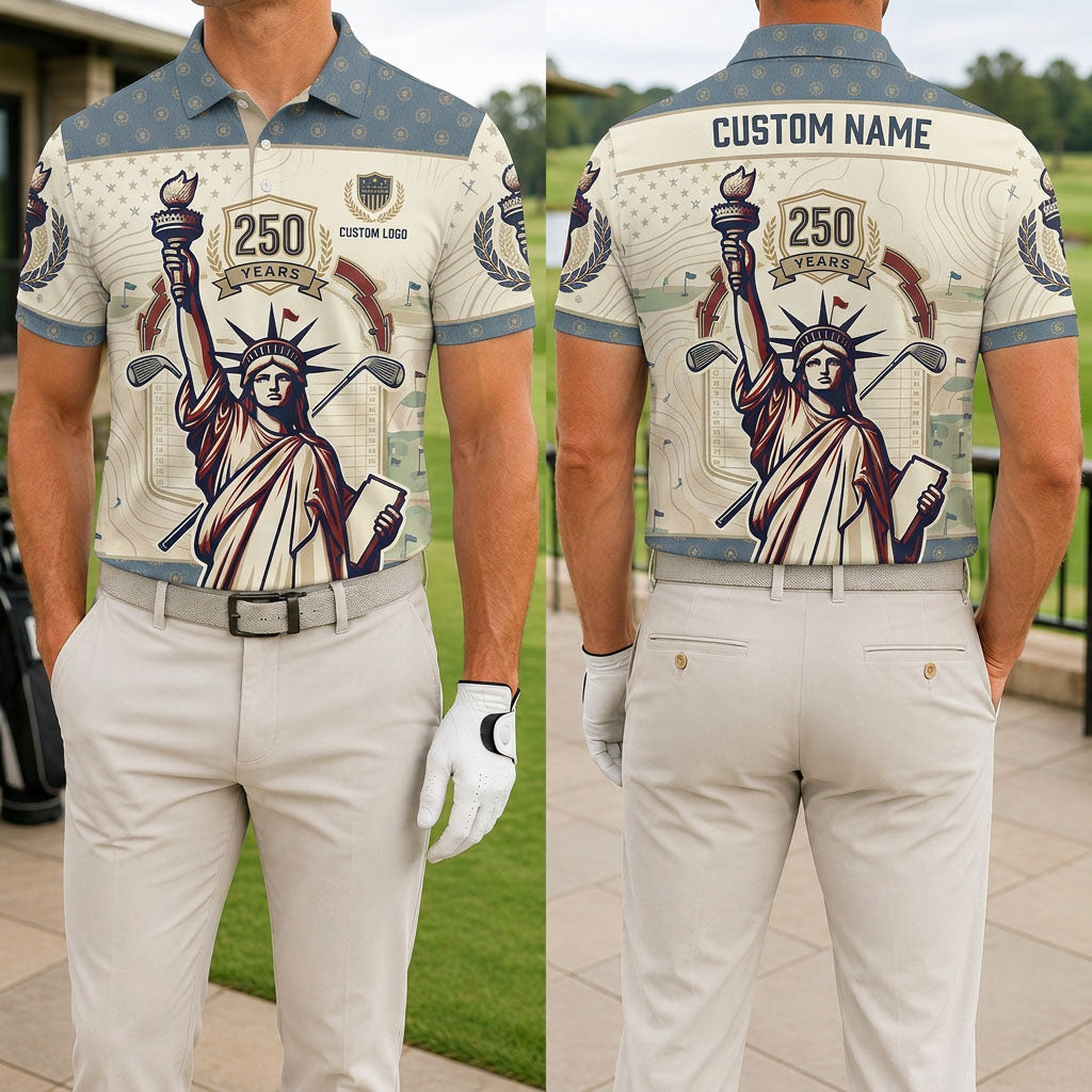 Front and back view of USA 250th anniversary Statue of Liberty golf polo