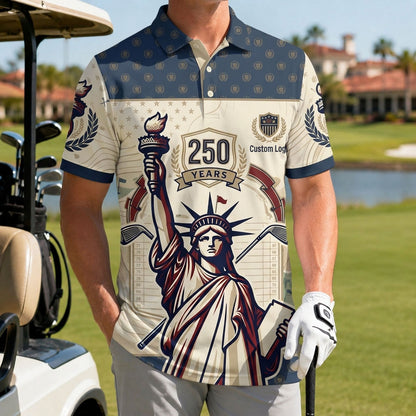 Male golfer on course wearing limited edition 250th anniversary polo