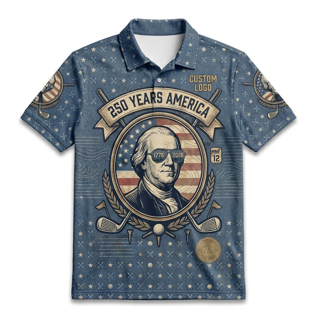 Full flatlay view of commemorative 250th anniversary Washington golf polo