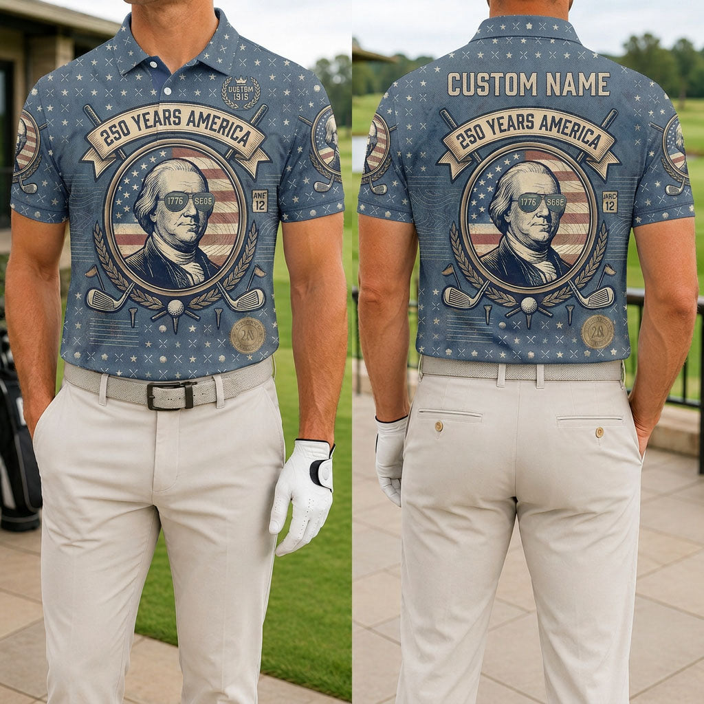 Front and back view of USA 250th anniversary George Washington golf polo