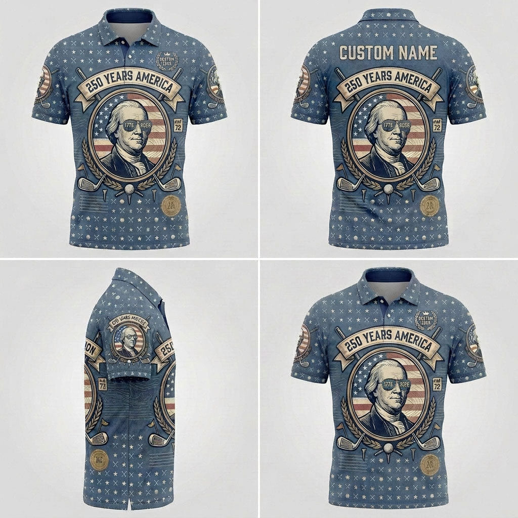 Product grid view of USA 250th anniversary George Washington custom polo
