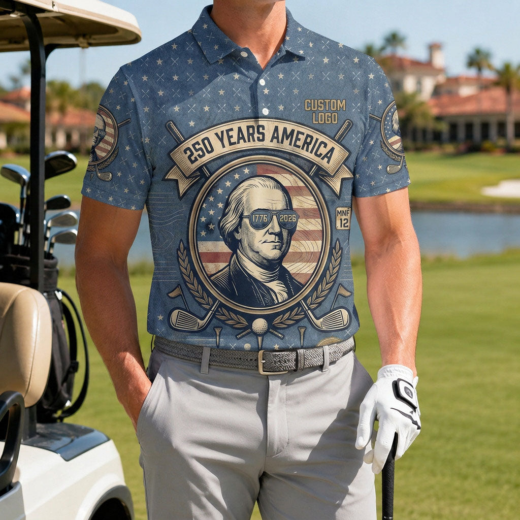 Male golfer on course wearing USA 250th anniversary George Washington polo