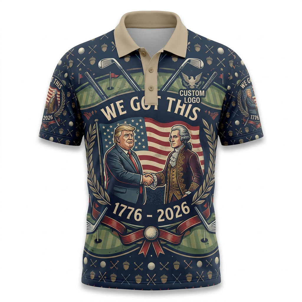 Flatlay view of patriotic "We Got This" 250th anniversary golf polo