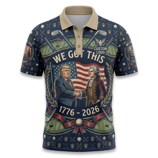 Flatlay view of patriotic "We Got This" 250th anniversary golf polo