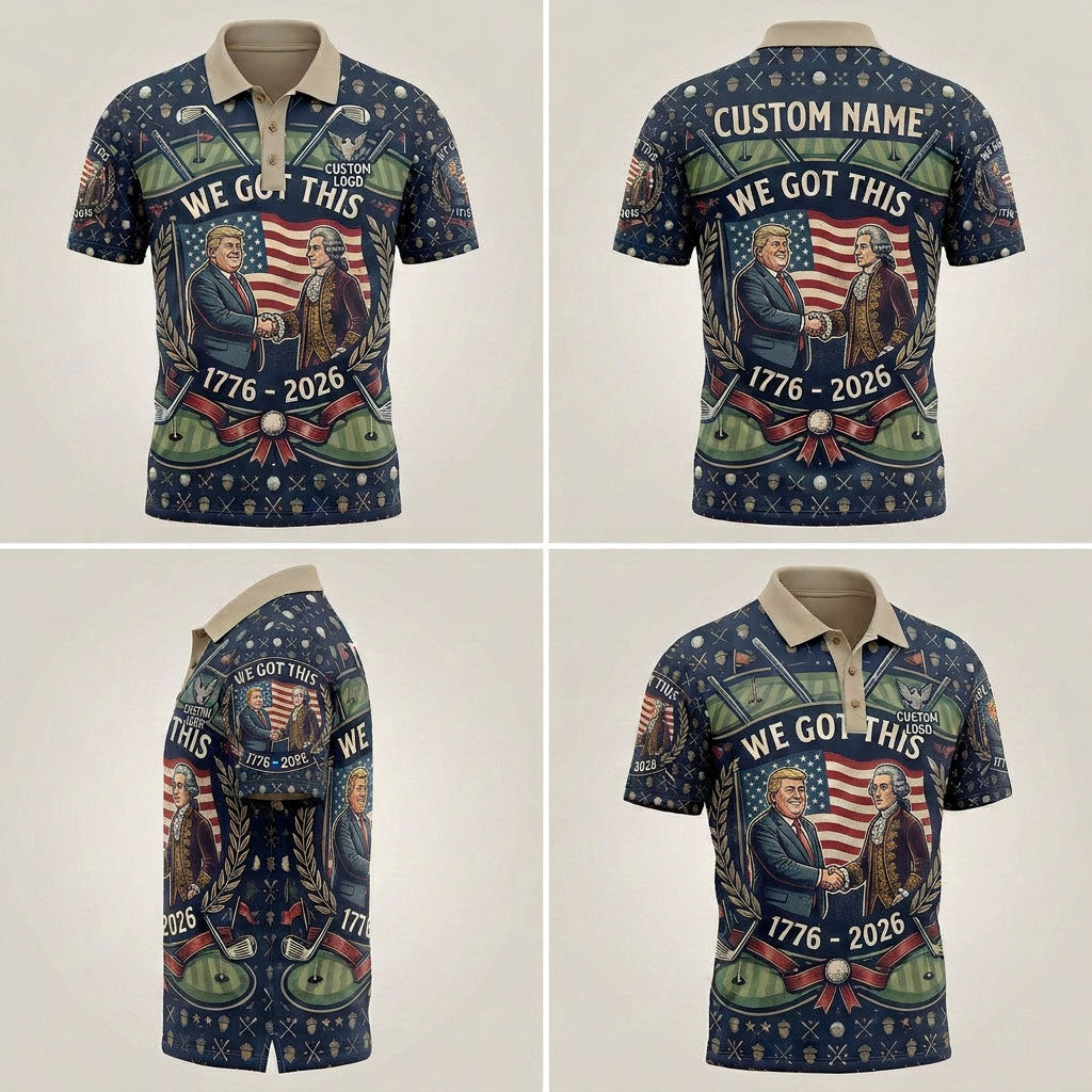 Product grid view of 250th anniversary "We Got This" golf polo