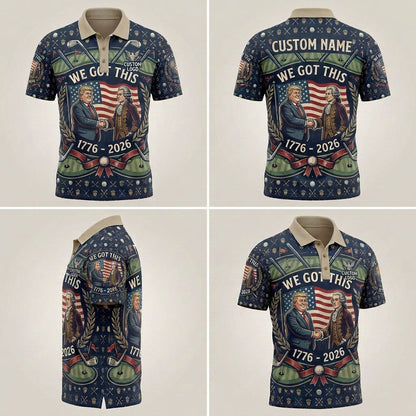 Product grid view of 250th anniversary "We Got This" golf polo