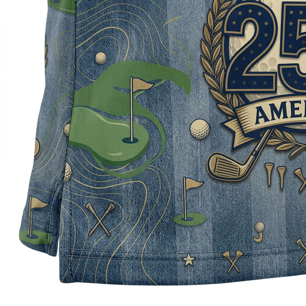 Close-up shot of the high-definition printed '250 AMERICA' emblem, big golf ball texture, and laurel wreath branches.