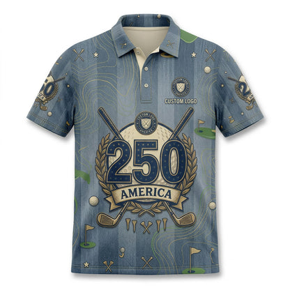 Front view of a vintage indigo wash effect topo pattern USA America 250 golf polo shirt with custom player name option badge.