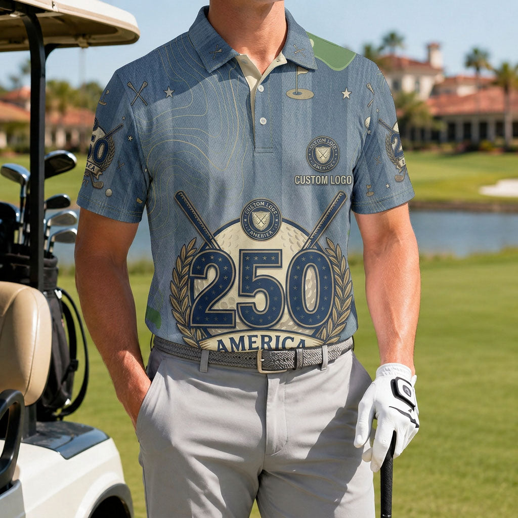 A male golfer wearing the customized indigo wash effect USA 250 topo polo standing proudly on a premium country club fairway green.