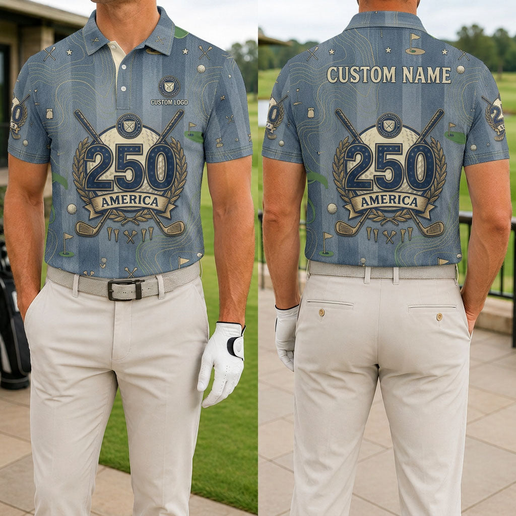 Front and back view of a personalized indigo wash effect USA America 250 polo showing the custom name printing area on the back.