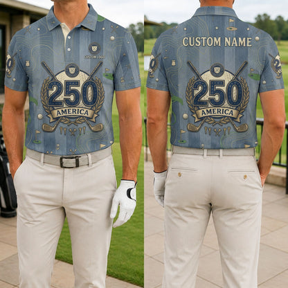 Front and back view of a personalized indigo wash effect USA America 250 polo showing the custom name printing area on the back.